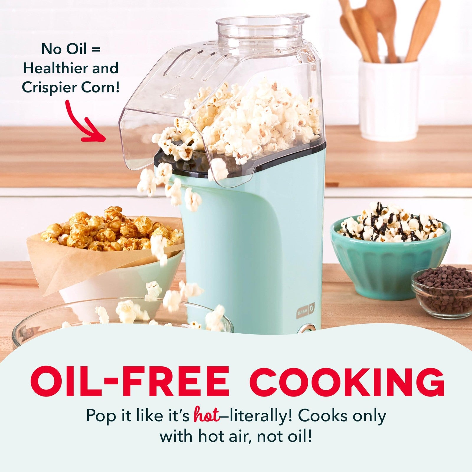 DASH Popcorn Popper, 16 Cups, Aqua, Hot Air w/ Measuring Cup & Butter Tray