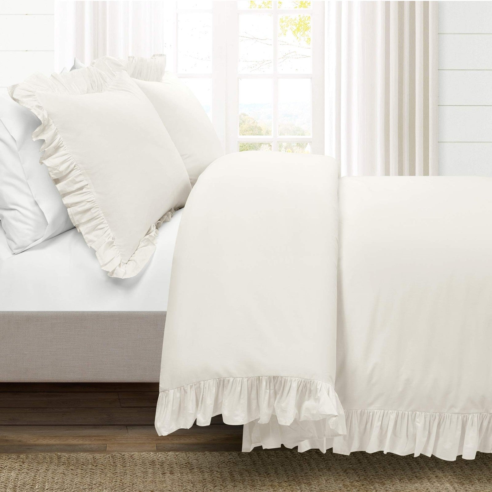 Reyna Ruffle Cotton Duvet Cover Set 3 Pc Full/Queen White Bedding