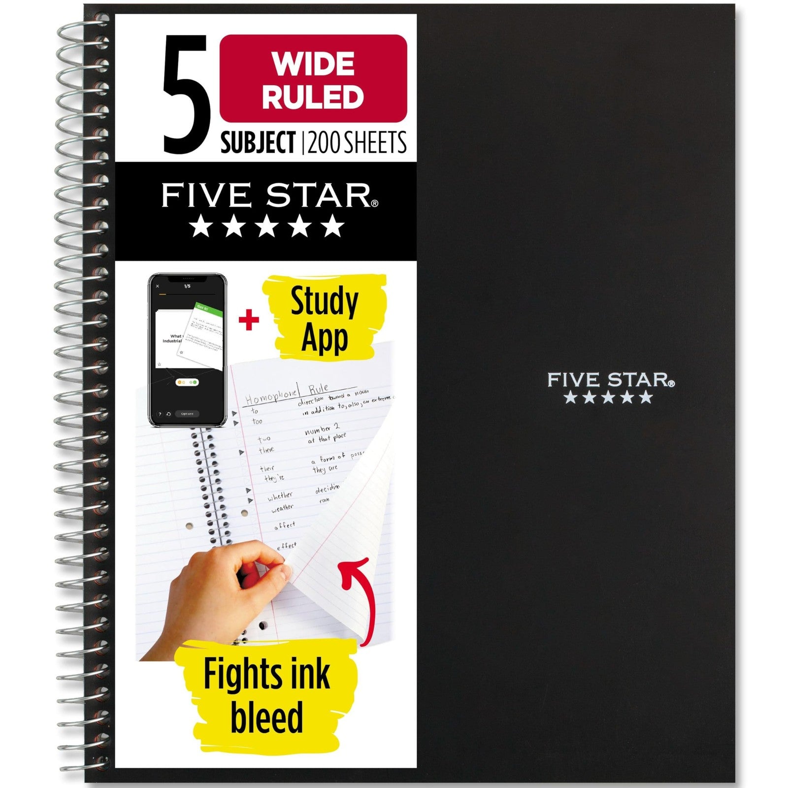 Five Star 5 Subject Spiral Notebook, Wide Ruled, 200 Sheets, Black