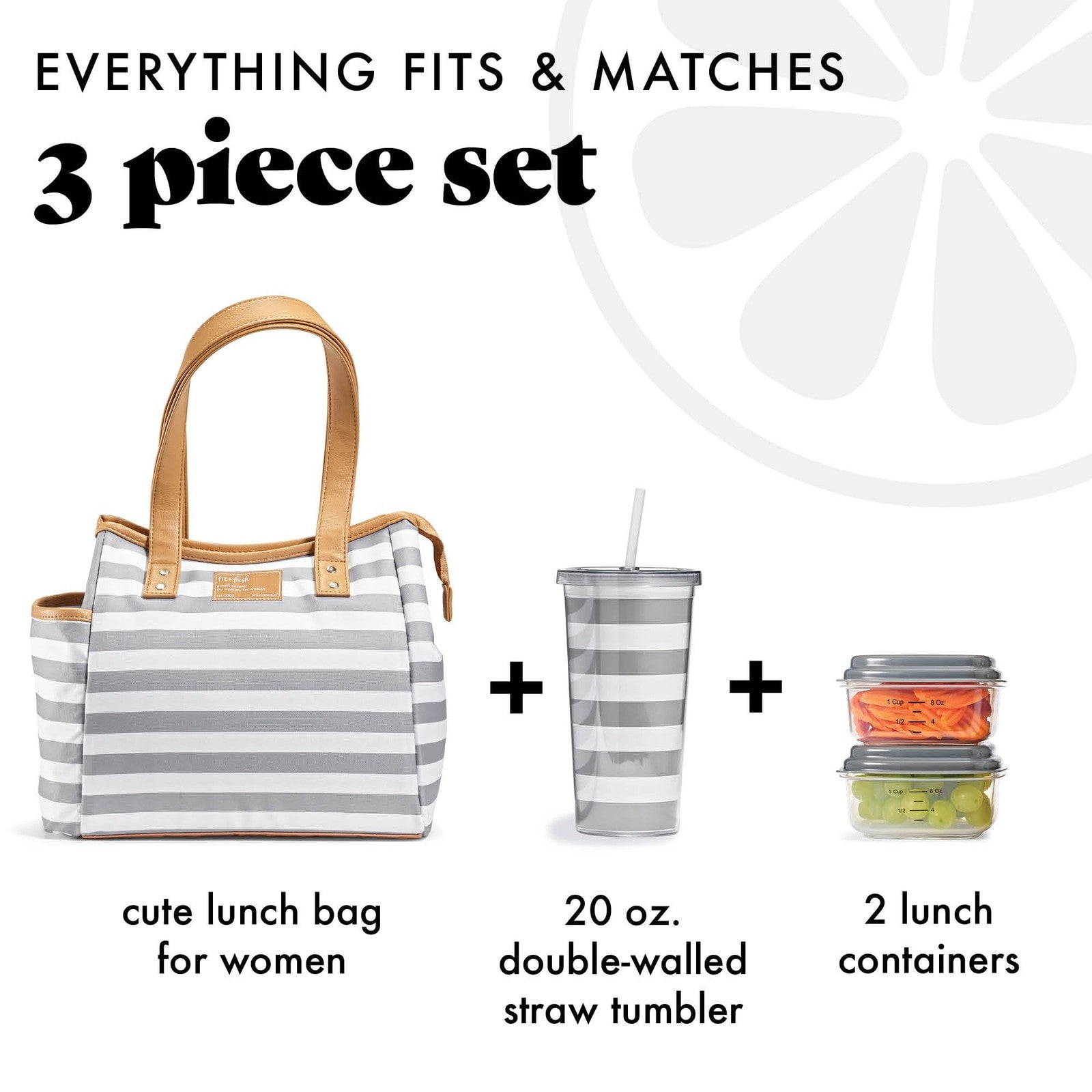 Westerly Insulated Lunch Bag Kit w/ 2 Containers & Tumbler - Gray Stripes