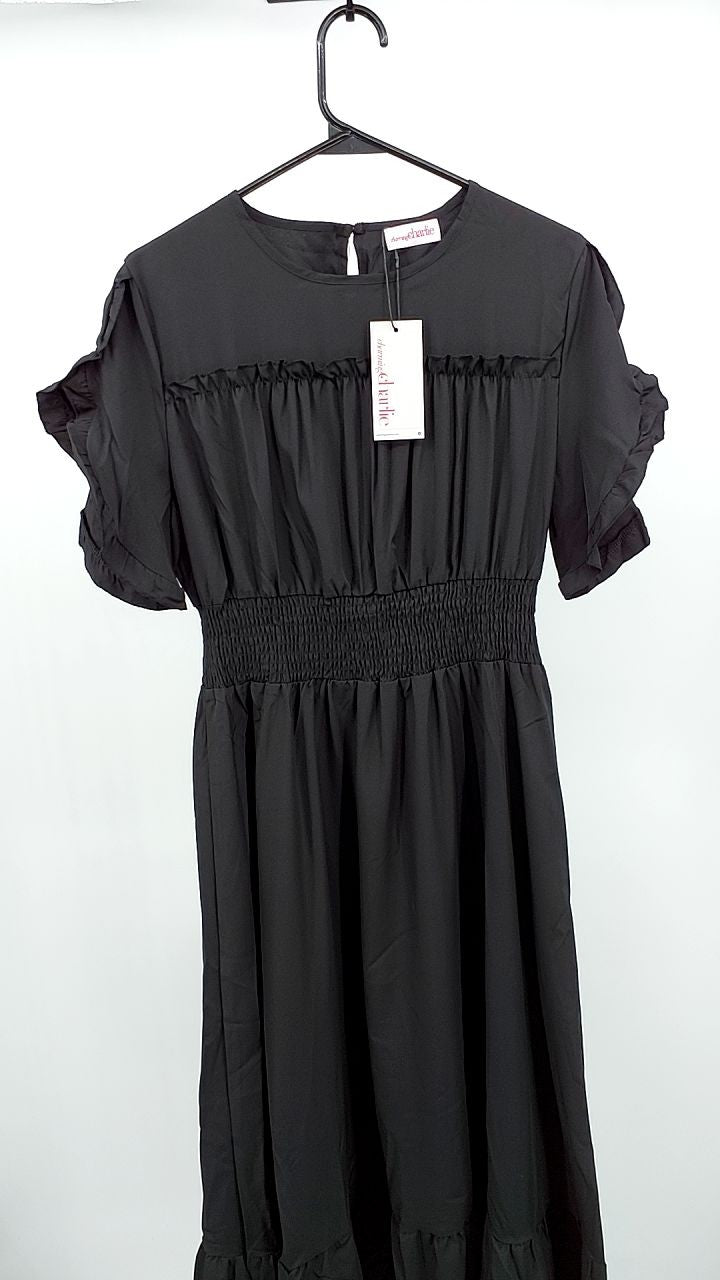 Smocked Frill Round Neck Midi Dress