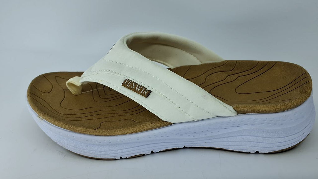 Women's Comfortable Platform Flip Flops, Arch Support, White Khaki, Size 6