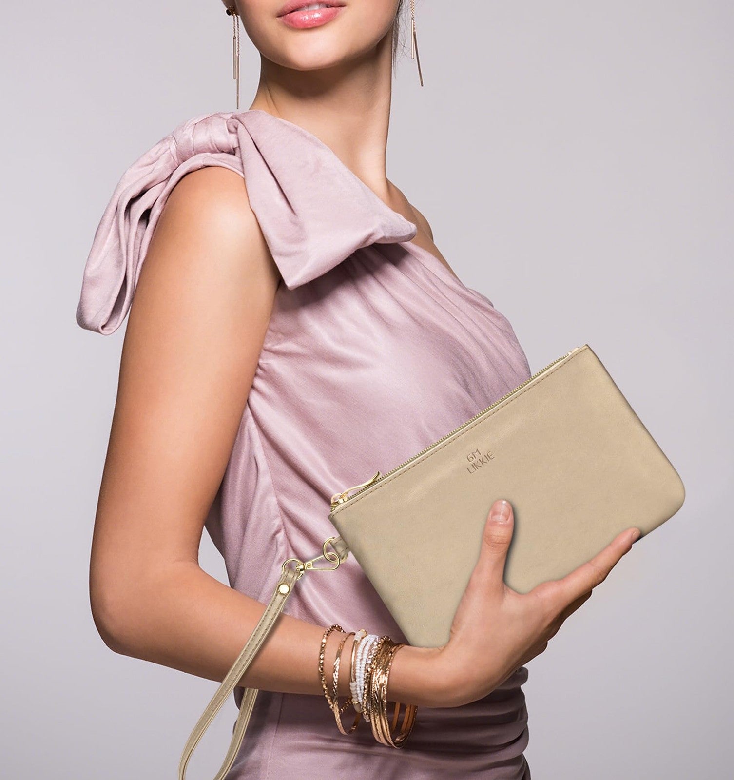 Gold Faux Leather Wristlet Purse w/ Detachable Strap for Women