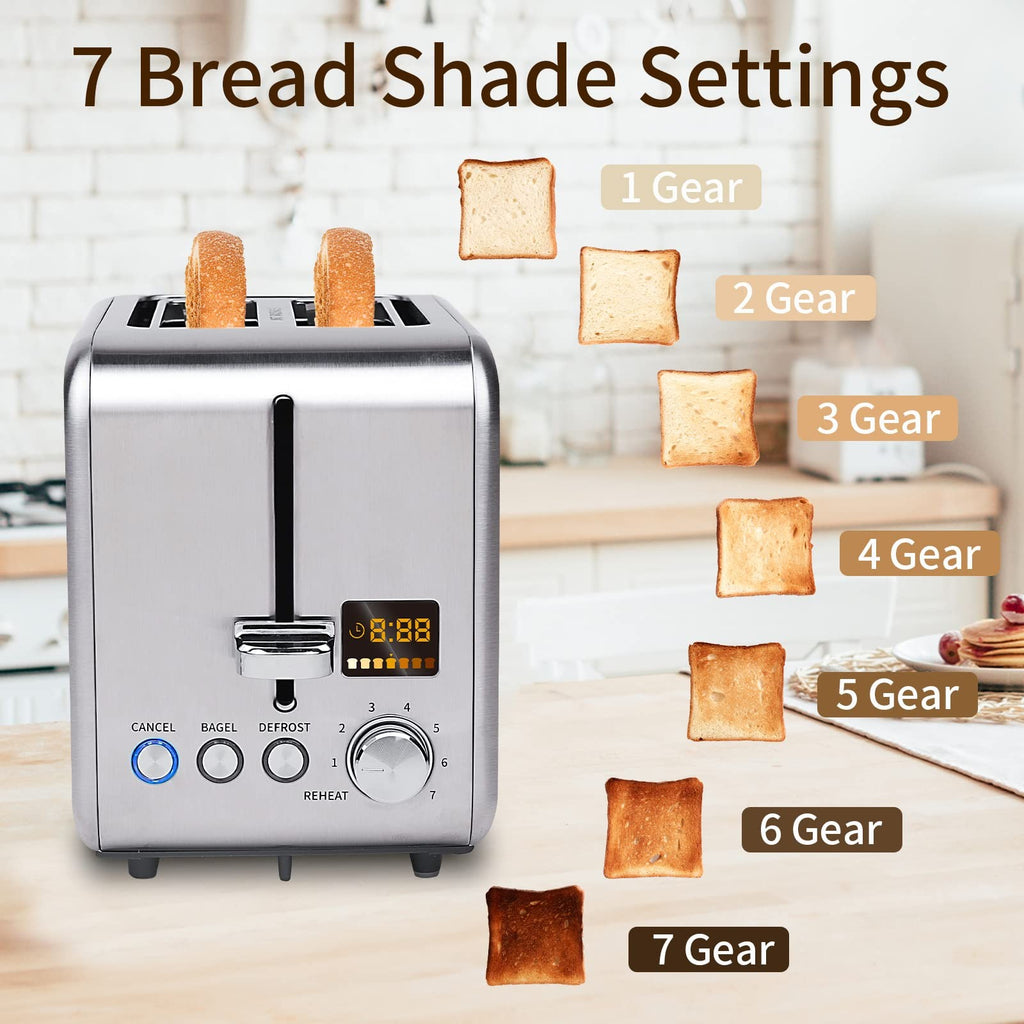 Modern 2 Slice Toaster 900W Silver Metallic w/ Bagel & Defrost Functions