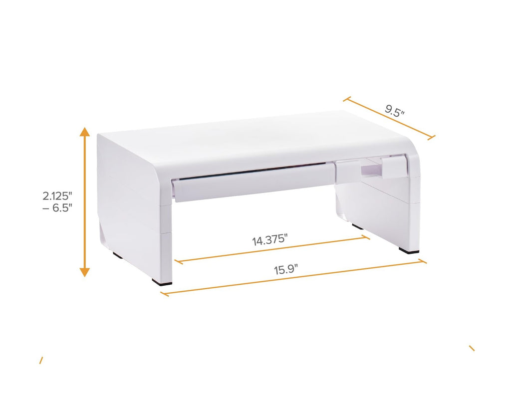 Adjustable Monitor Riser w/ Drawer, Phone Holder & Rubber Feet - White