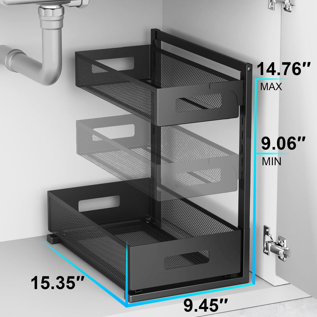 2-Tier Under Sink Organizer - Adjustable & Pull Out, Black Alloy Steel