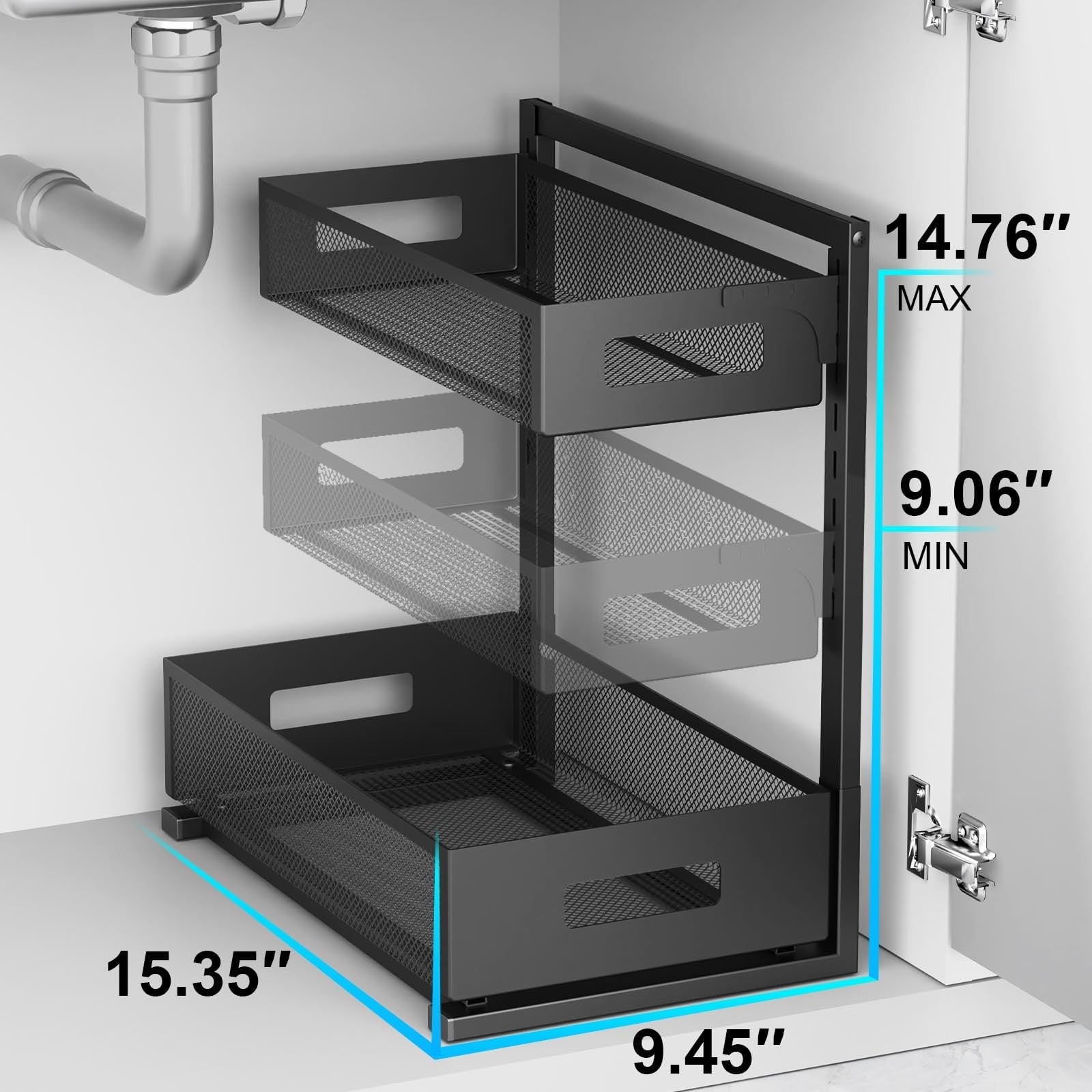 2-Tier Under Sink Organizer - Adjustable & Pull Out, Black Alloy Steel
