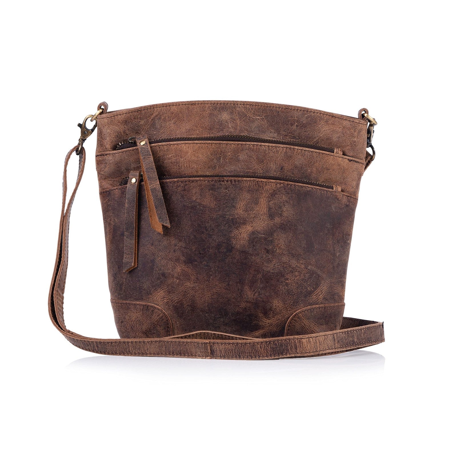Women's Leather Crossbody Bag - Distressed Tan, Adjustable Strap