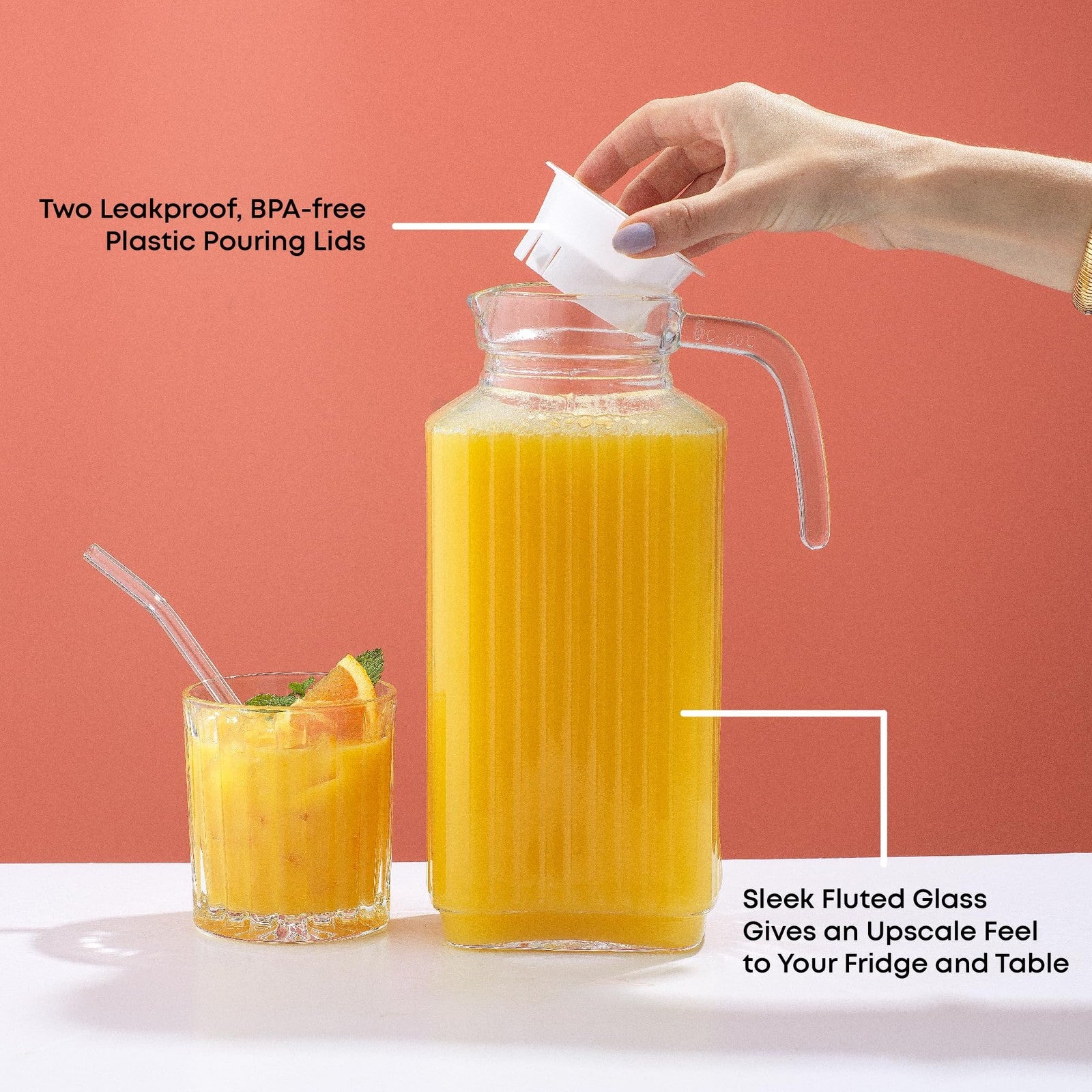 60oz Beverage Pitcher w/ 2 Lids - Dishwasher Safe Glass Jug for Drinks