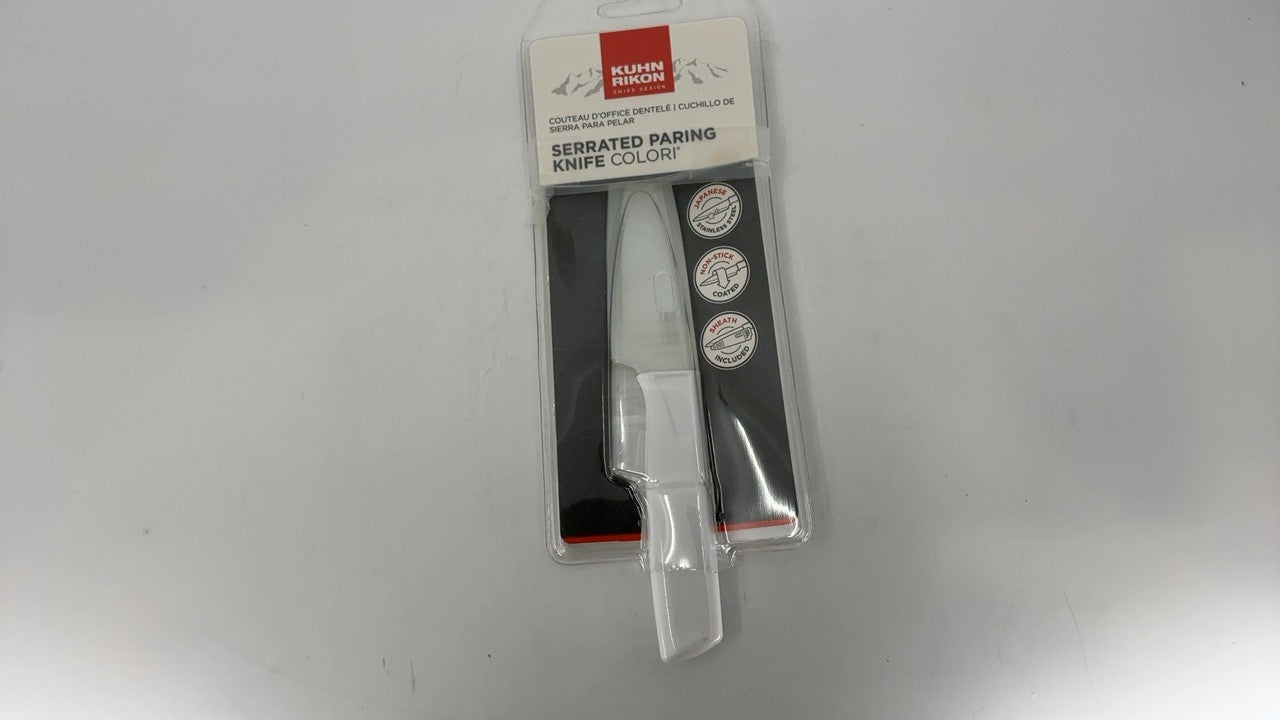 Serrated Paring Knife 4in w/ Safety Sheath, Kuhn Rikon COLORI, White