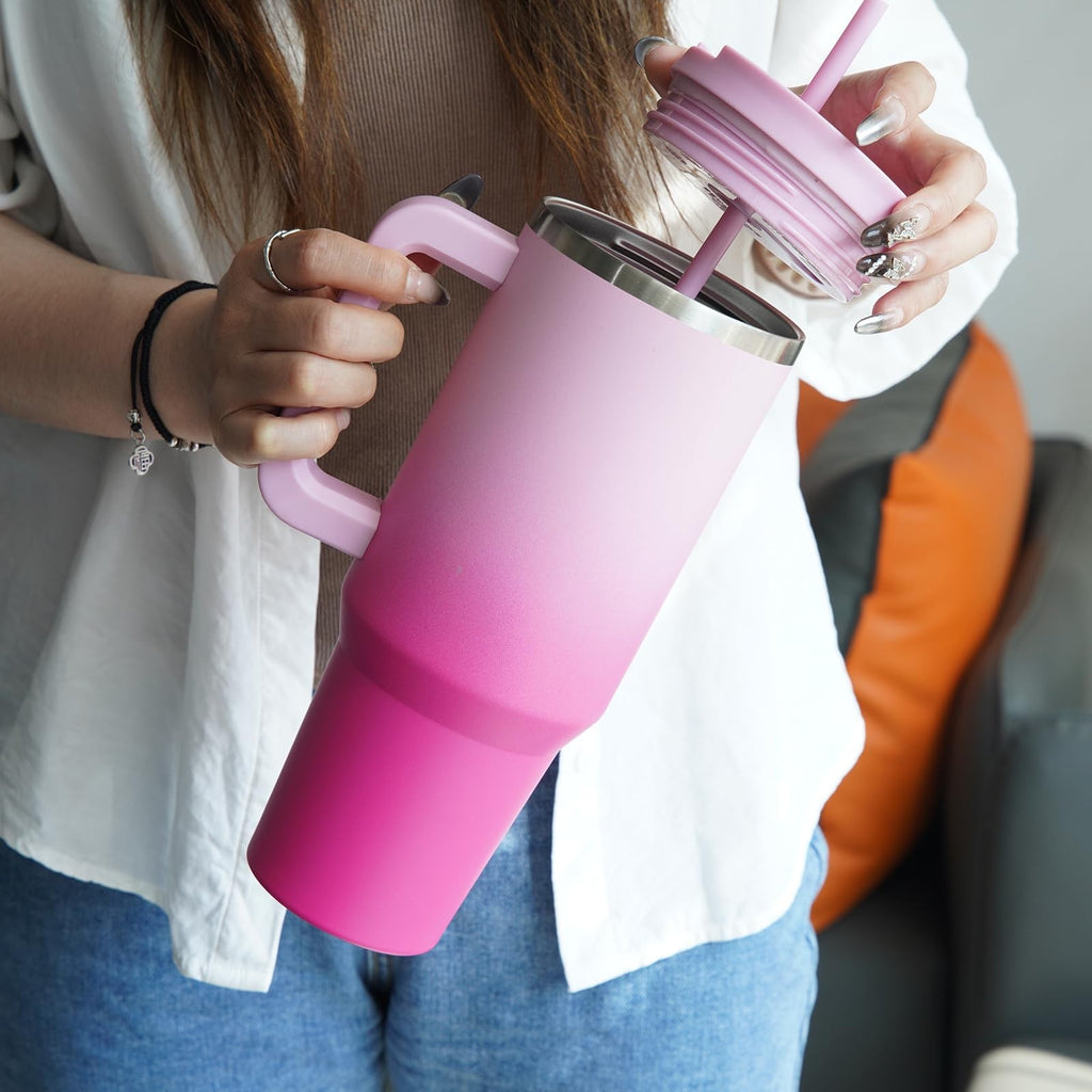30 Oz Stainless Steel Tumbler w/ Handle & 2 Straws, Cherry Blossoms