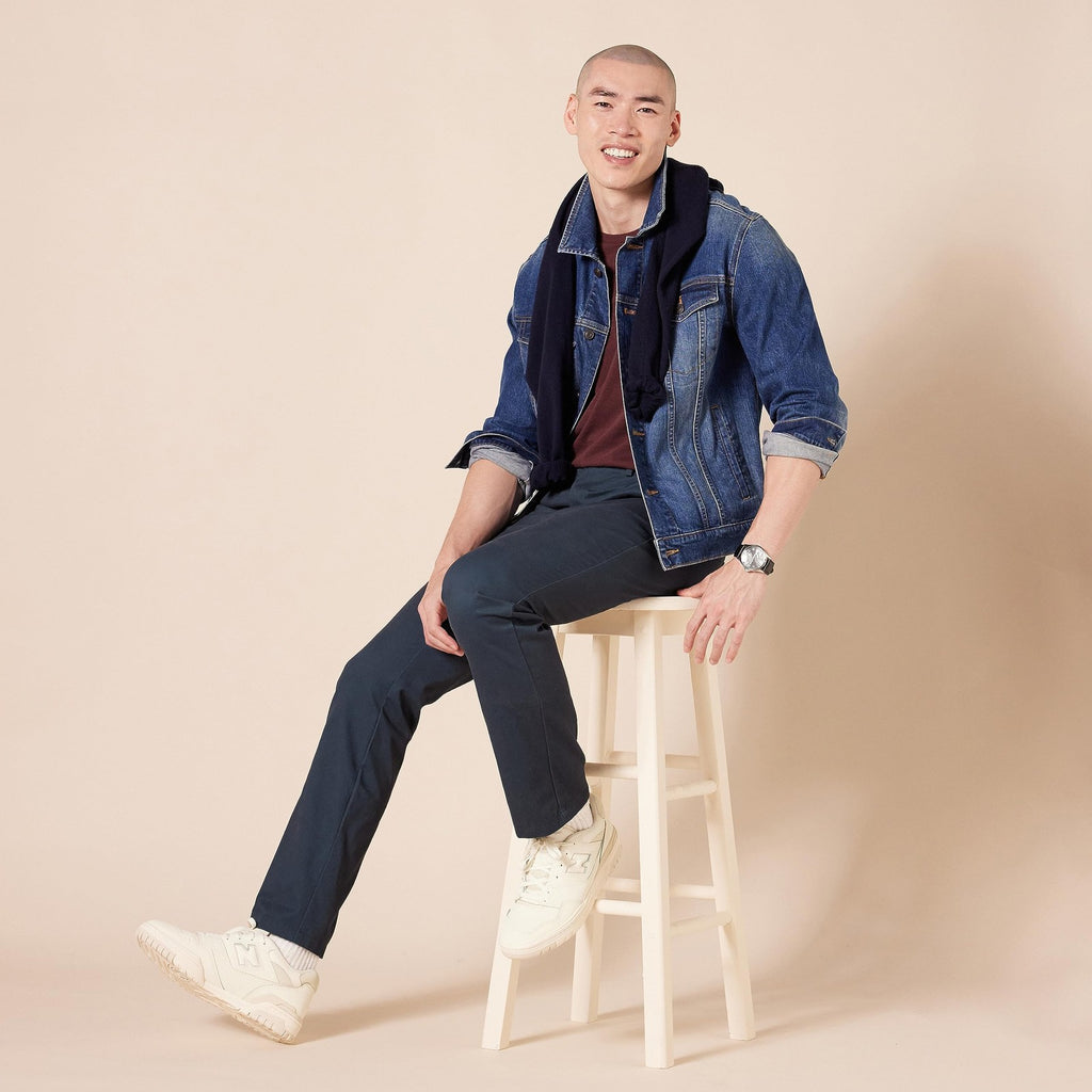 Slim-Fit Flat-Front Chino Pants, Navy, 33W x 28L, Wrinkle-Resistant