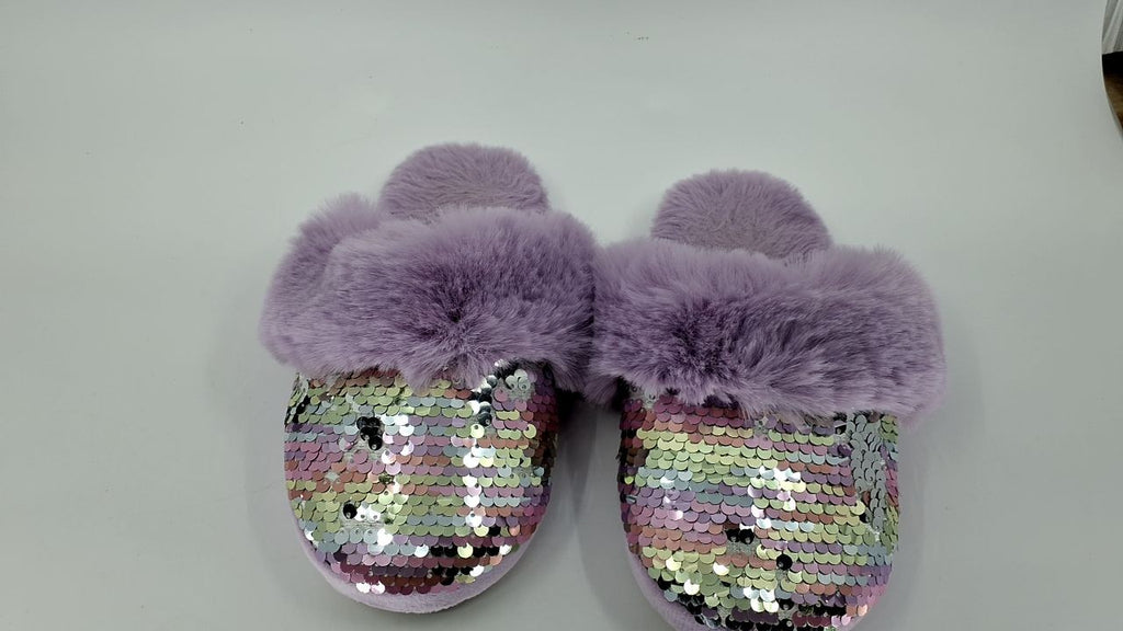 Fuzzy Slip-On Slippers for Girls, Purple Faux Fur, Memory Foam, Size 11-12