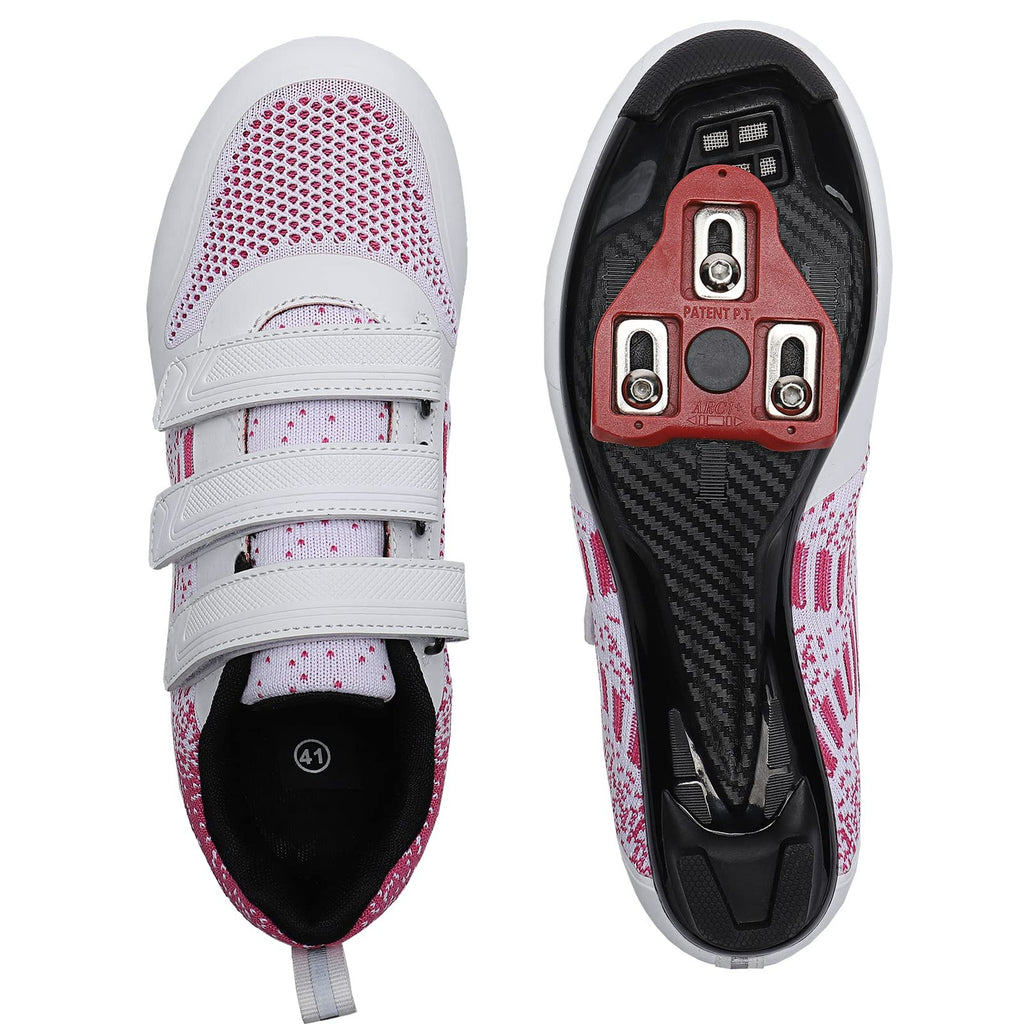 Unisex Road Bike Cycling Shoes Compatible with Peloton, Size 5.5 (White-Pink)