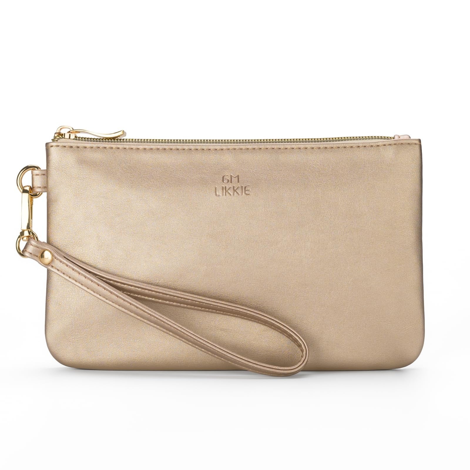 Gold Faux Leather Wristlet Purse w/ Detachable Strap for Women