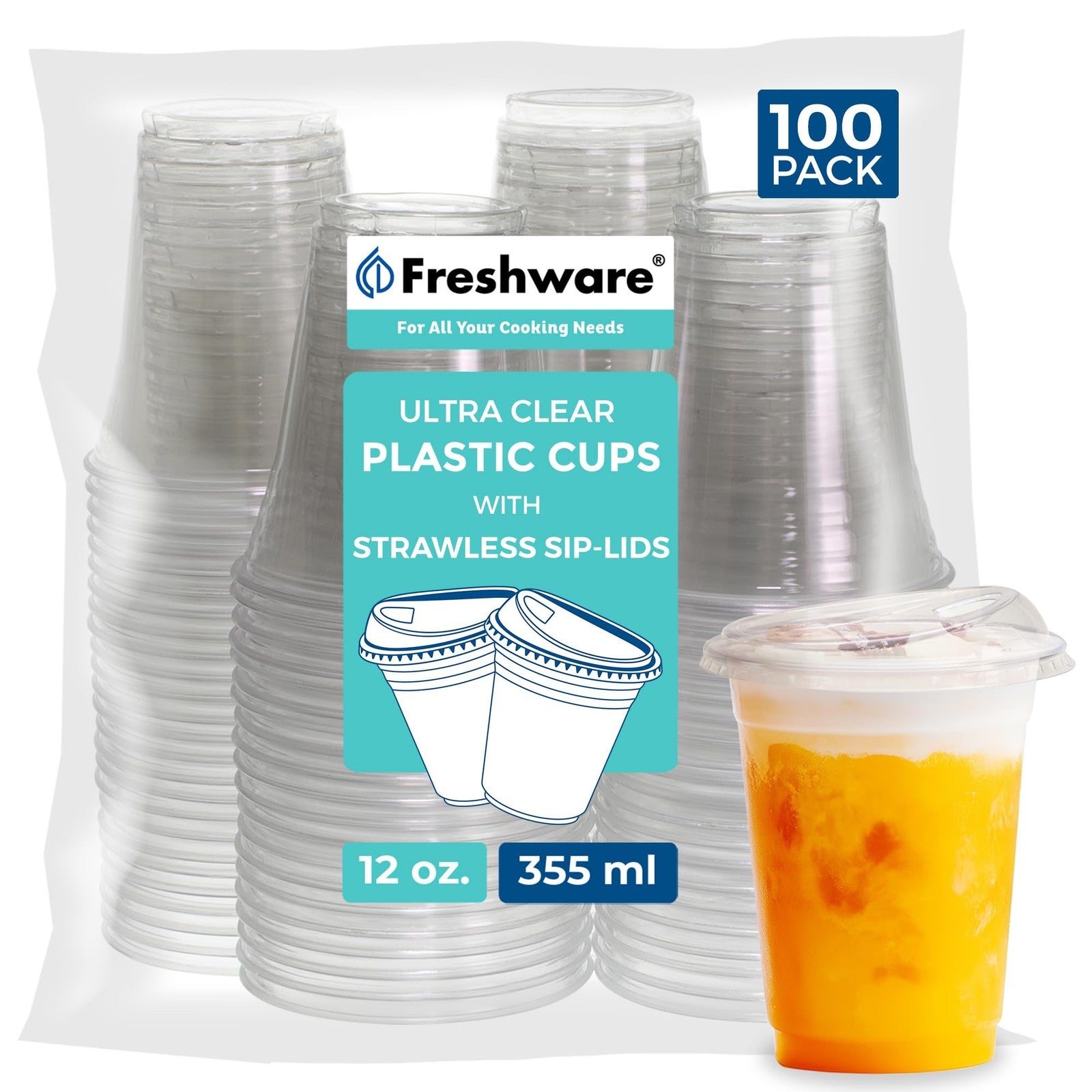 100 Pack 12 Oz Clear Plastic Cups w/ Strawless Sip Lids - Disposable Tumblers