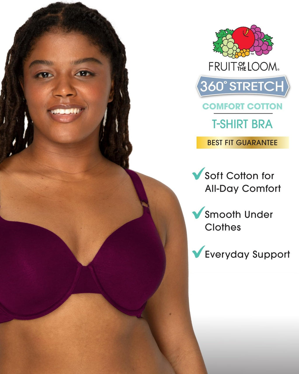 Fruit of the Loom Womens T-Shirt Bra, Lilac Whisper/Purple Velvet/Black, 38B US