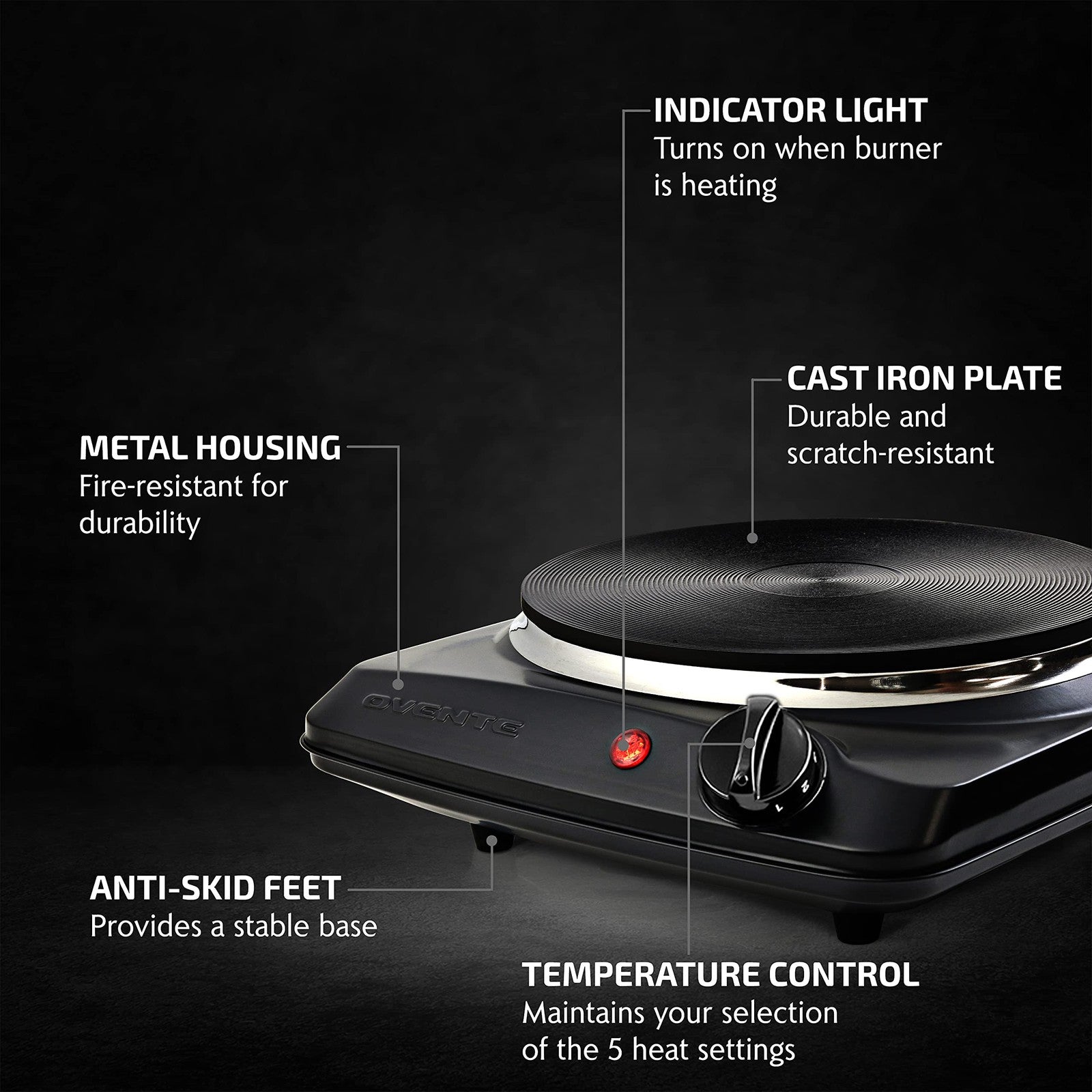Portable 1000W Electric Cooktop w/ Cast Iron Plate, 5 Temp Levels, Black