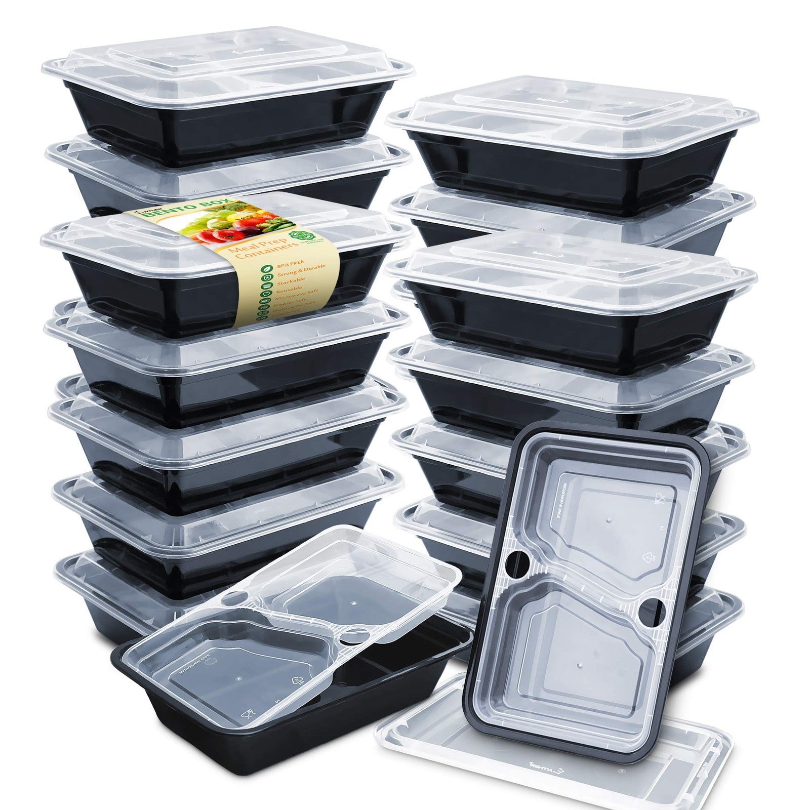20 Pack Meal Prep Containers, 3 Compartment Bento Box, Microwave Safe