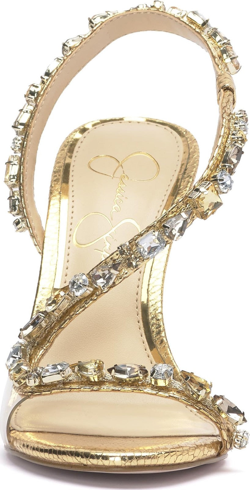 Jessica Simpson Women's Jaycin Embellished Heeled Sandal, Gold/Clear, 8.5