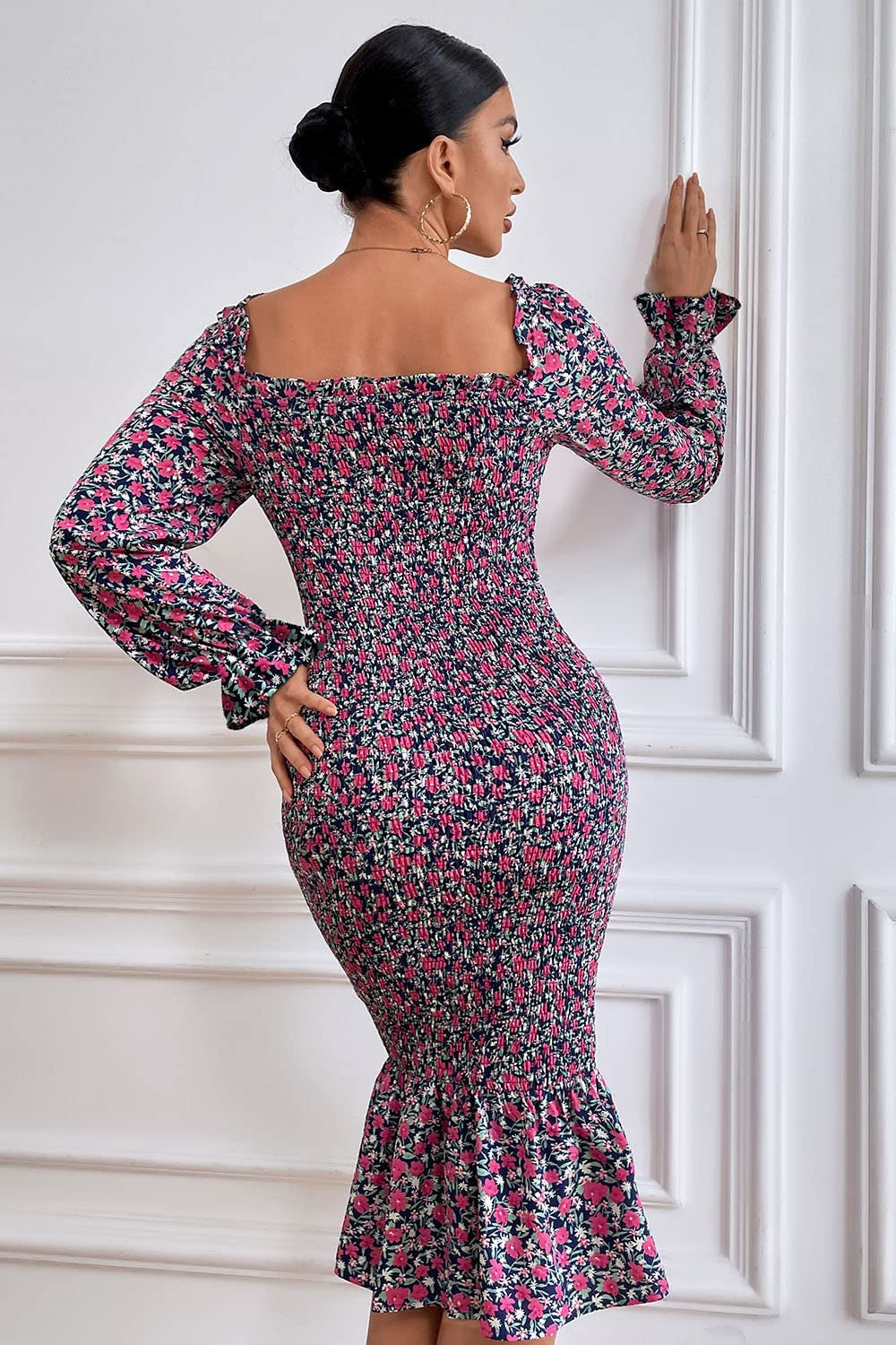 Floral Midi Bodycon Dress w/ Puff Sleeves, Square Neck, Blue Purple, M