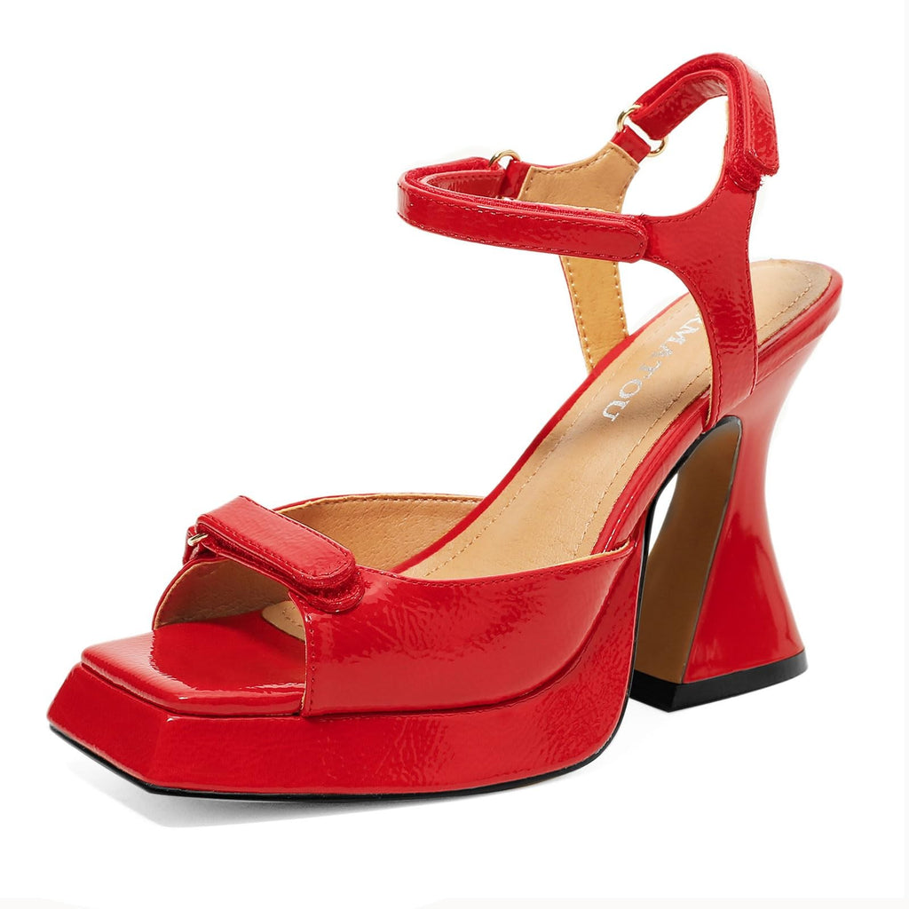 Comfy Red Platform Heels 4 In Block Heel Ankle Strap Size 8