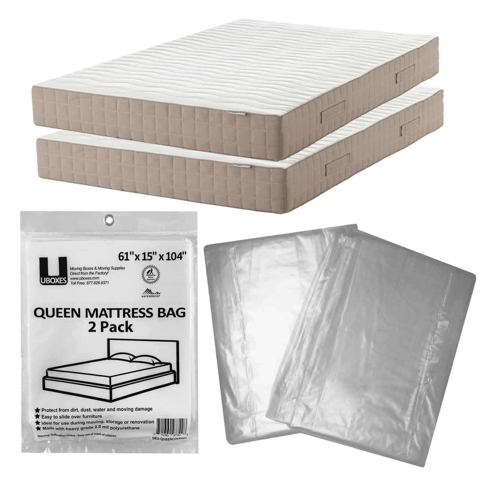 Pack of 2 Queen Mattress Covers 61x15x104 - Heavy Duty Clear Bags