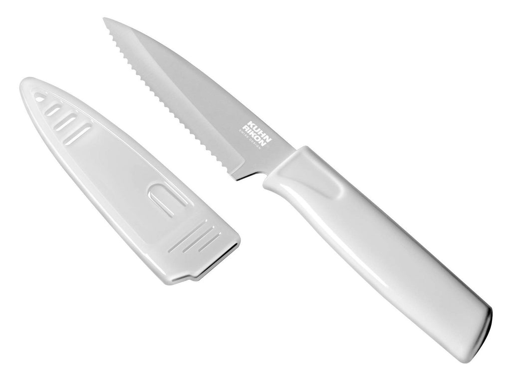 Serrated Paring Knife 4in w/ Safety Sheath, Kuhn Rikon COLORI, White