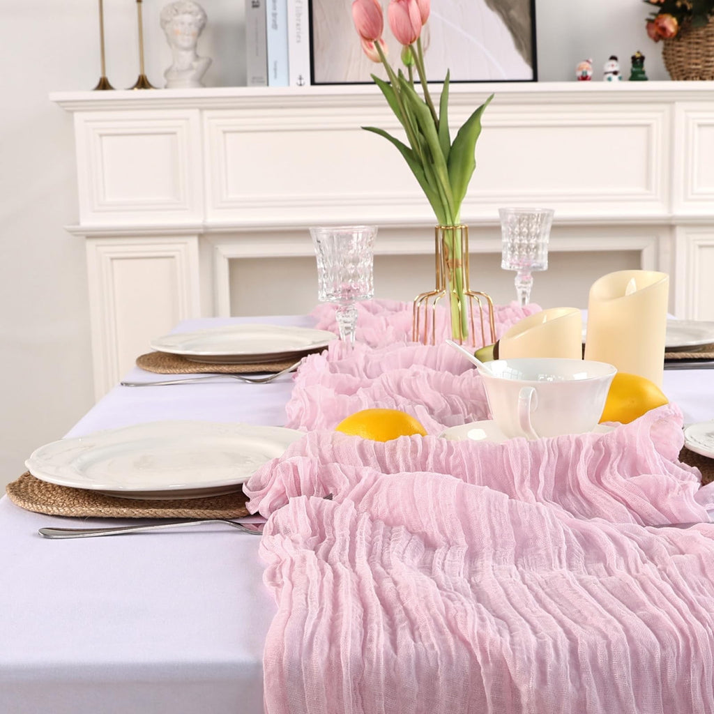 Boho Pink Cheesecloth Table Runner 10ft - 8 Pcs for Centerpieces