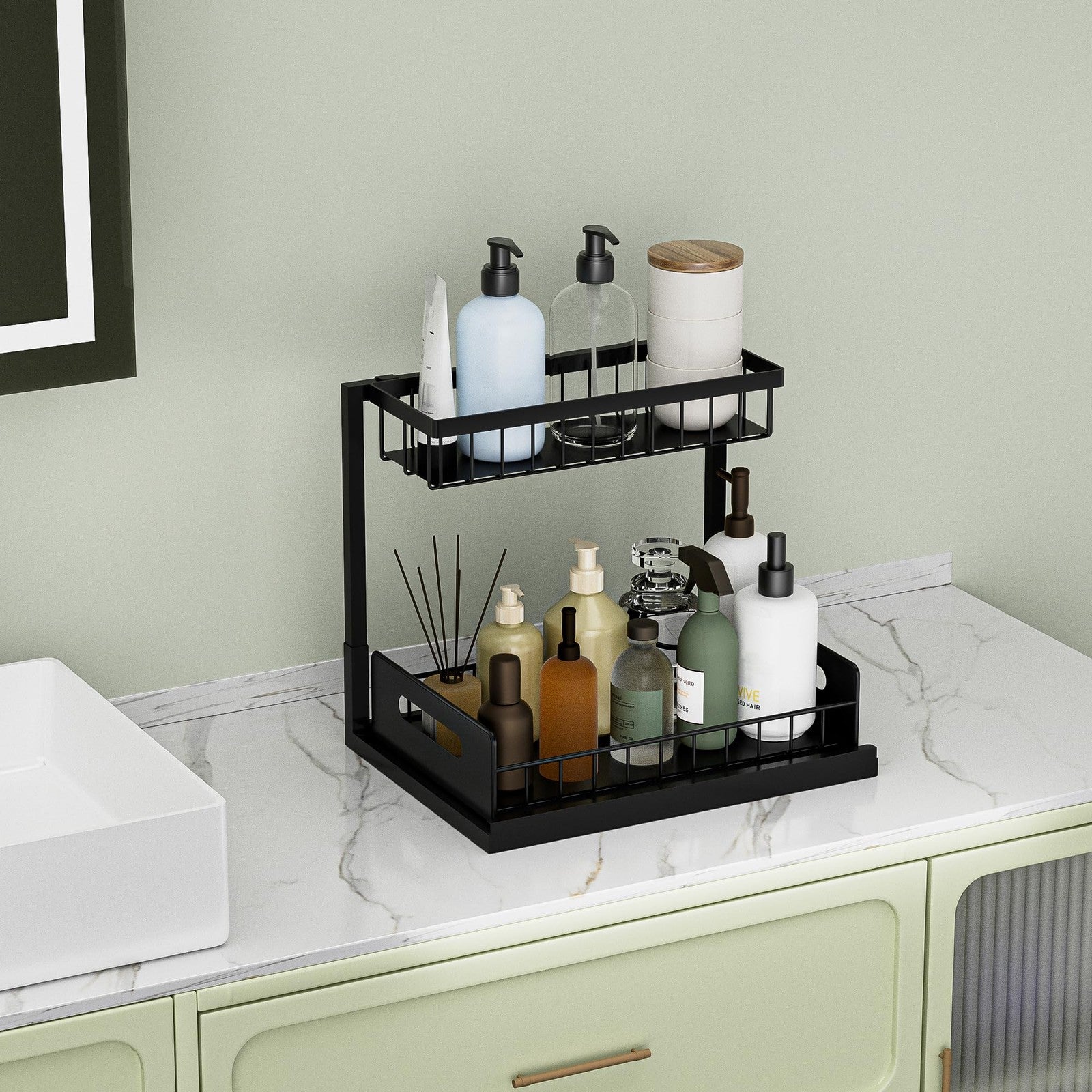 2-Tier Under Sink Organizer Pull Out Shelf Black