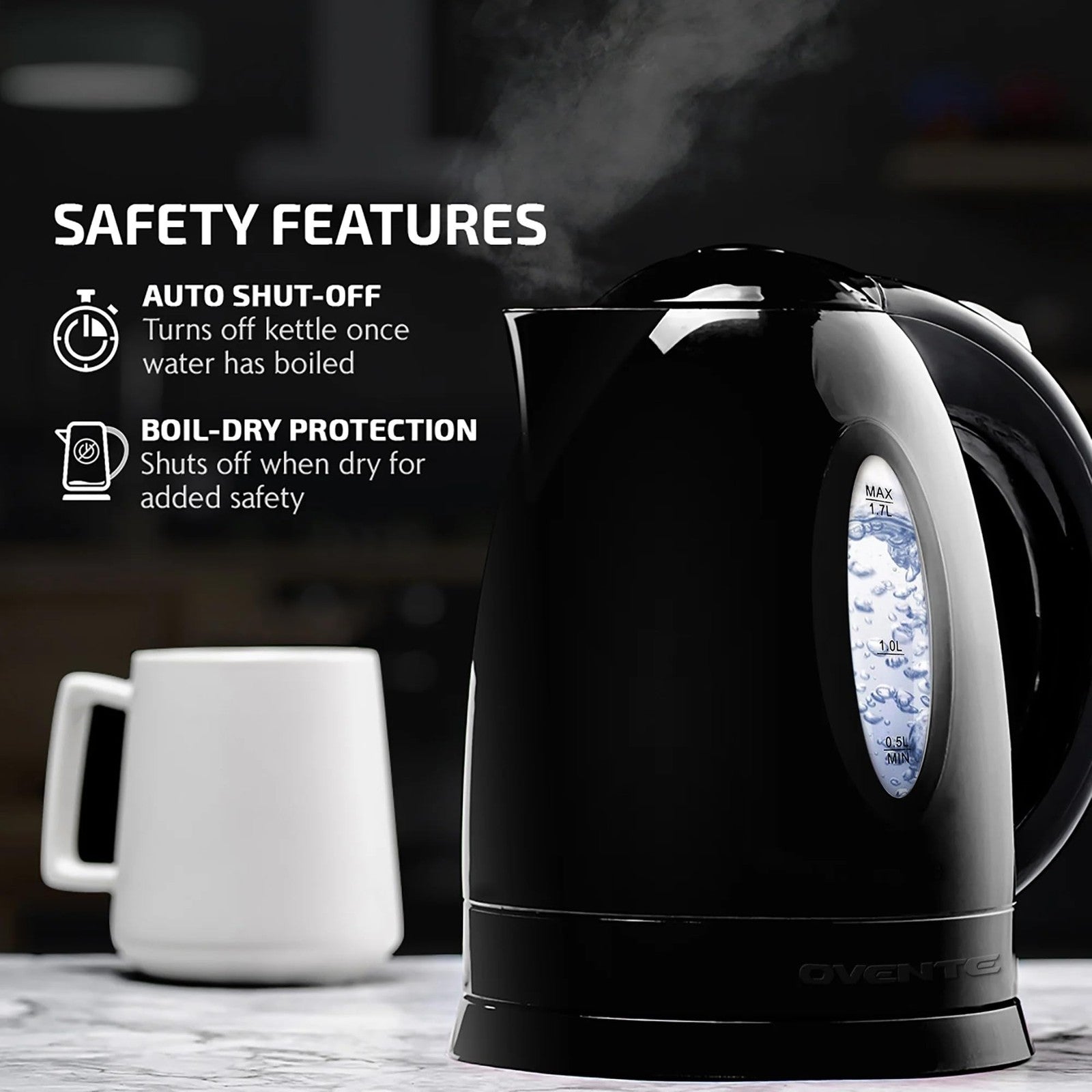 1.7L OVENTE Electric Kettle Black Auto Shut-Off & Boil-Dry Protection