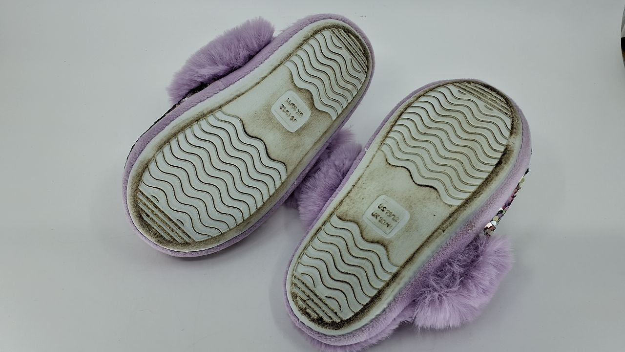 Fuzzy Slip-On Slippers for Girls, Purple Faux Fur, Memory Foam, Size 11-12