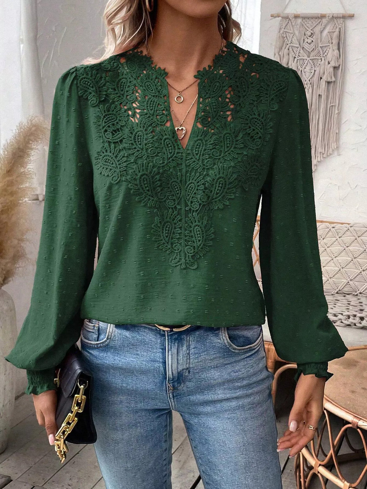 Swiss Dot Lace Detail Long Sleeve Blouse