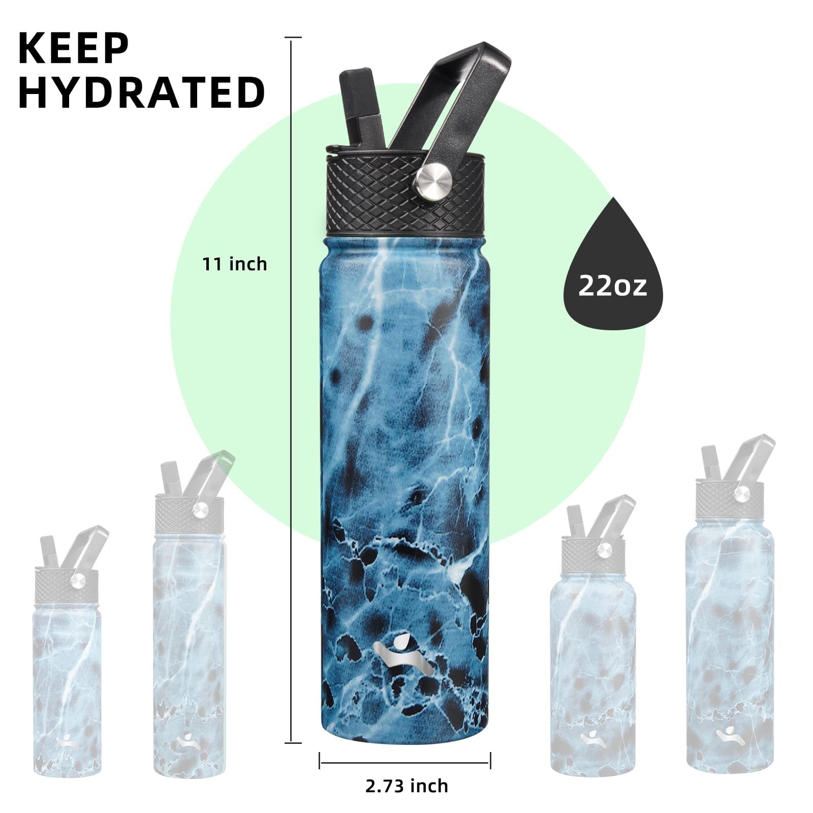 22oz Stainless Steel Insulated Water Bottle w/ 3 Lids, Marble Ocean