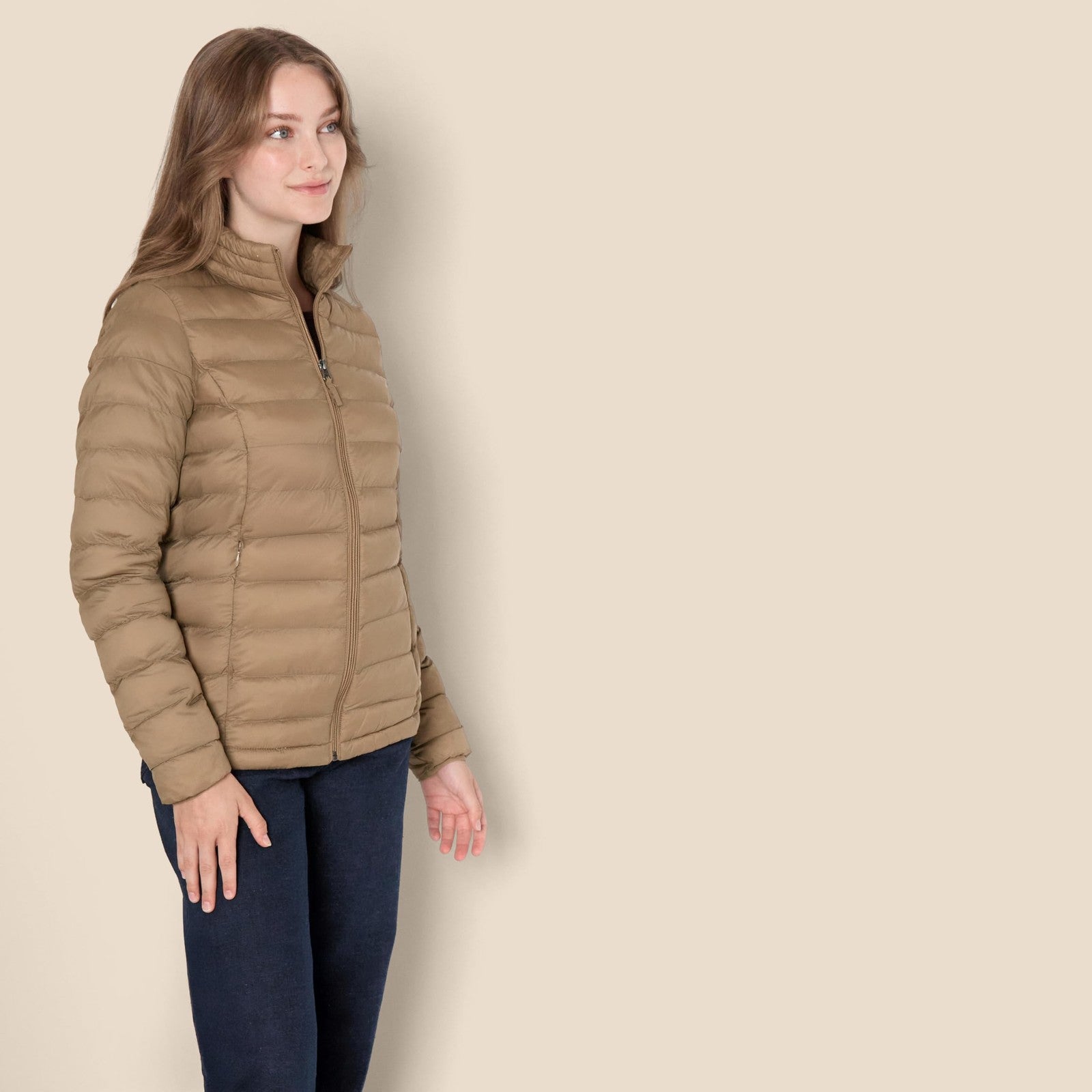 Women's Long-Sleeve Packable Puffer Jacket, Large, Mushroom Brown, Lightweight