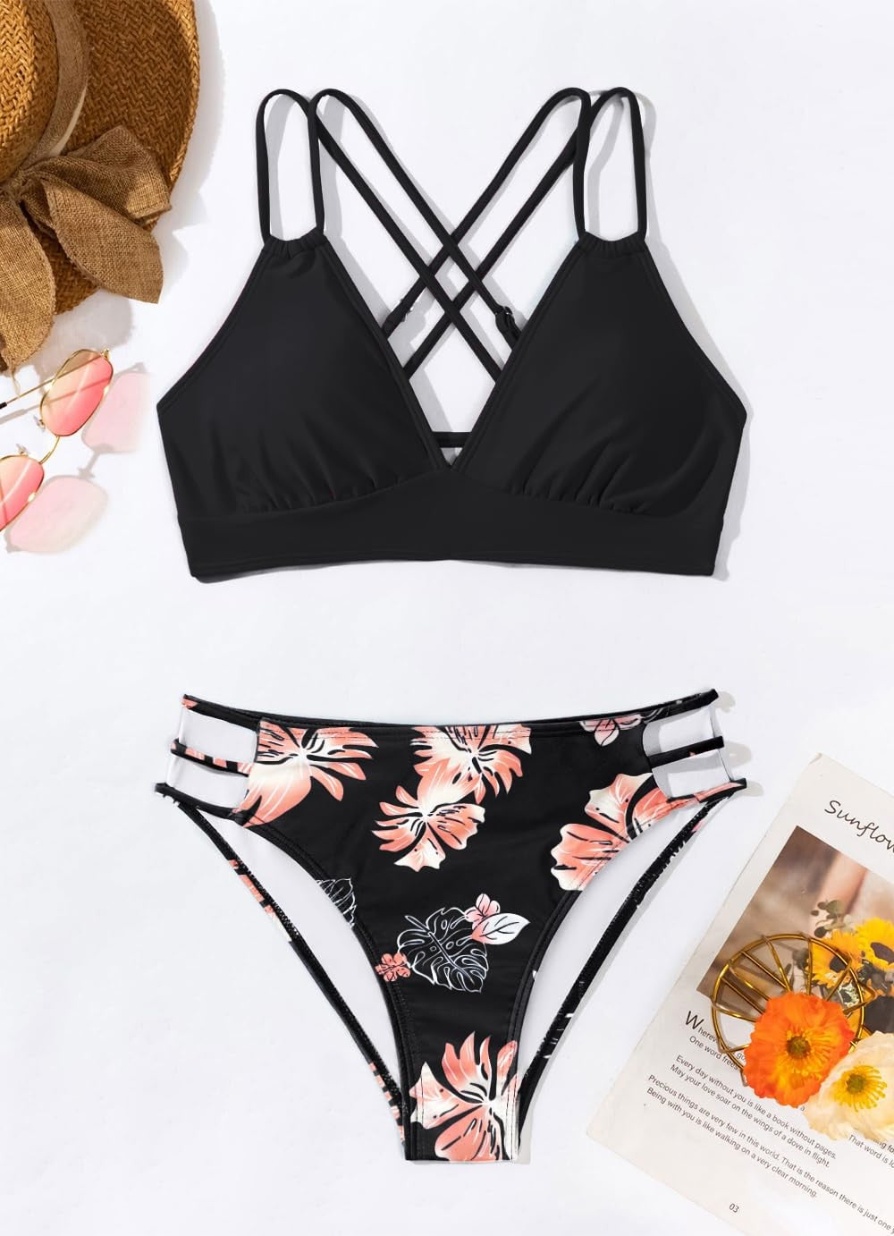 Black Floral Women's Push Up Bikini Set w/ Criss Cross Straps