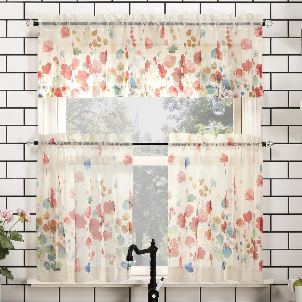 54x24in Poppy Red Floral Kitchen Curtain Valance & Tiers Set, No. 918
