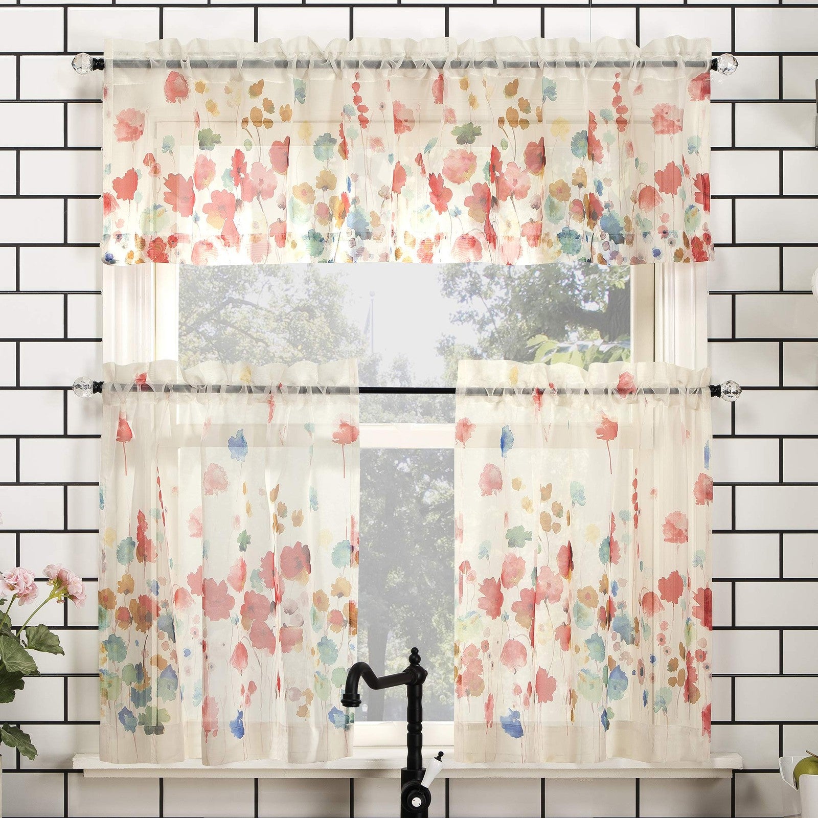54x24in Poppy Red Floral Kitchen Curtain Valance & Tiers Set, No. 918