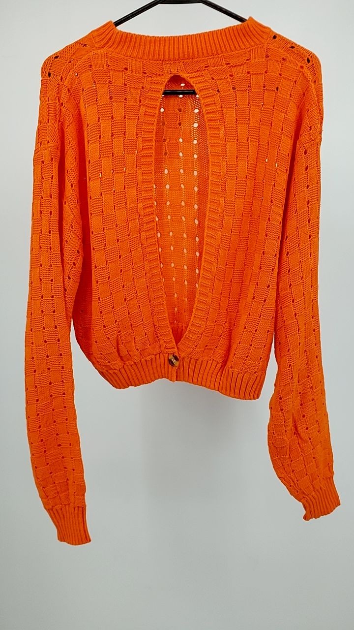 Cutout Back Openwork Round Neck Long Sleeve Sweater