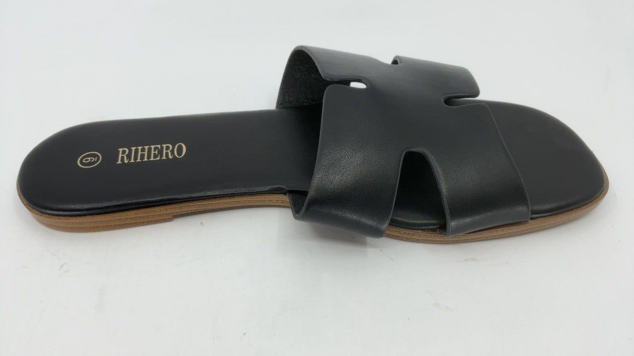 Rihero Black Flat Sandals Women Size 9 Slip On Peep Toe