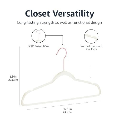 Sturdy Non-Slip Clothes Hangers, 50-Pack, Velvet, Ivory/Rose Gold