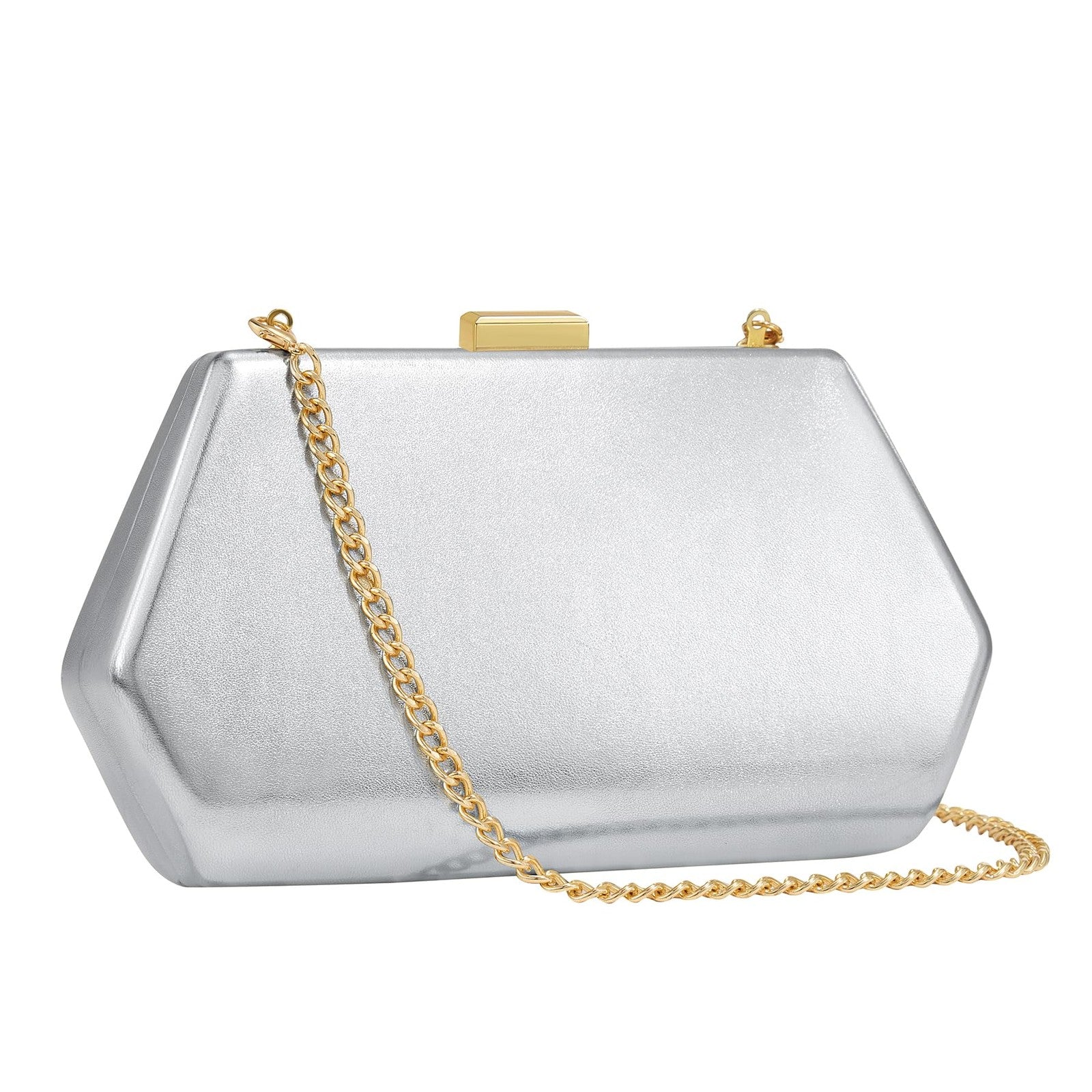 CHUNLI Evening Clutch Bag Silver PU Leather w/ Chain Strap, 7.67x4.33 in