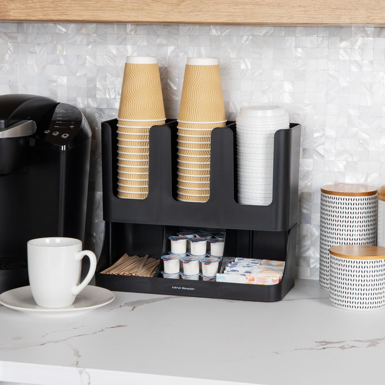Upright 6 Compartment Condiment Organizer for Coffee & Tea, Black