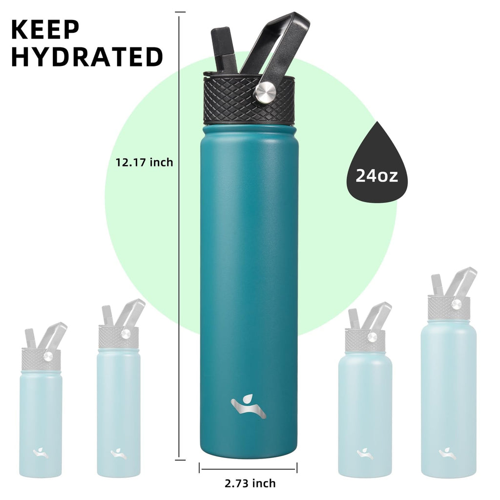 24oz Insulated Water Bottle, Stainless Steel, Light Blue, 3 Lids