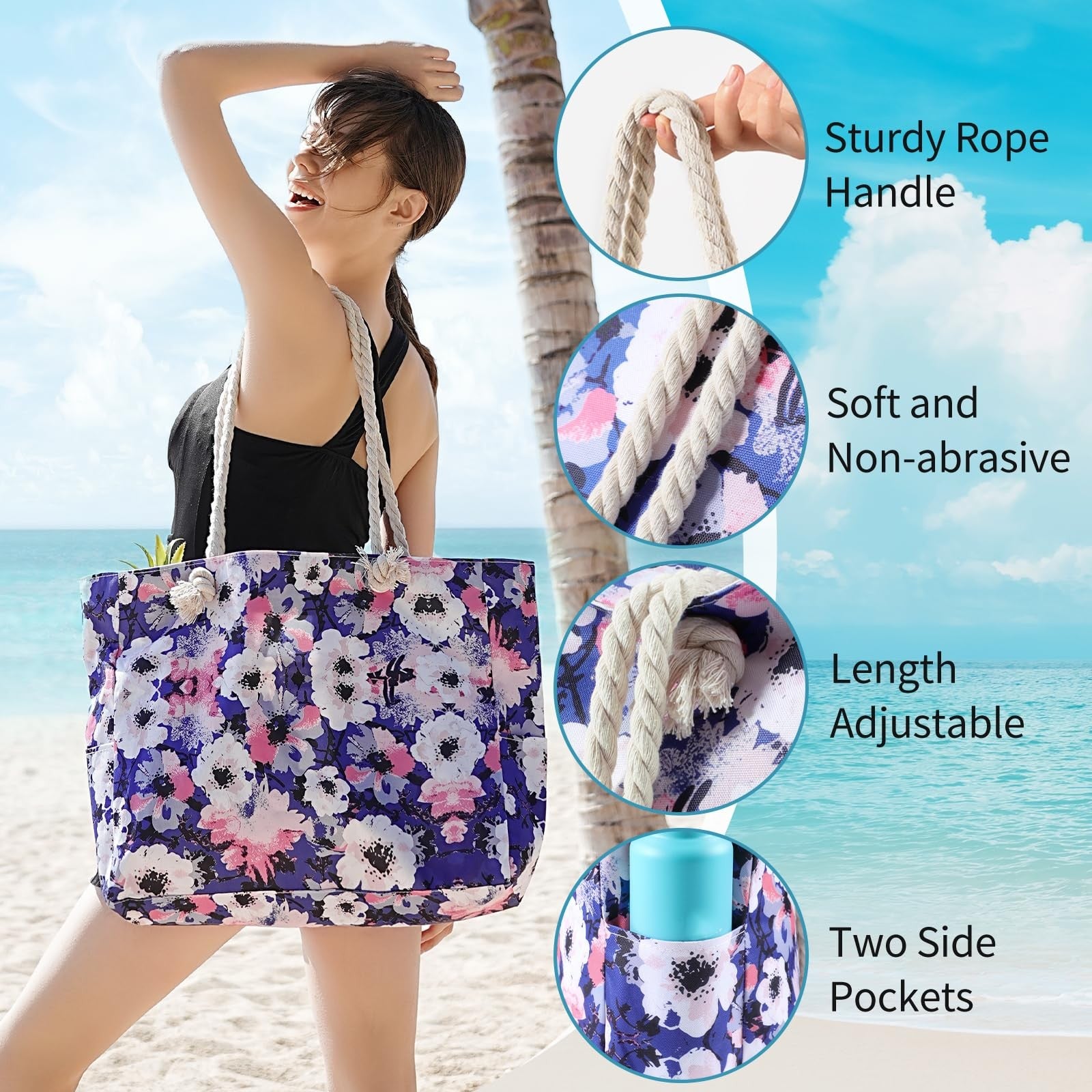 Large Blue & White Beach Tote Bag w/ Zipper Closure & Pockets