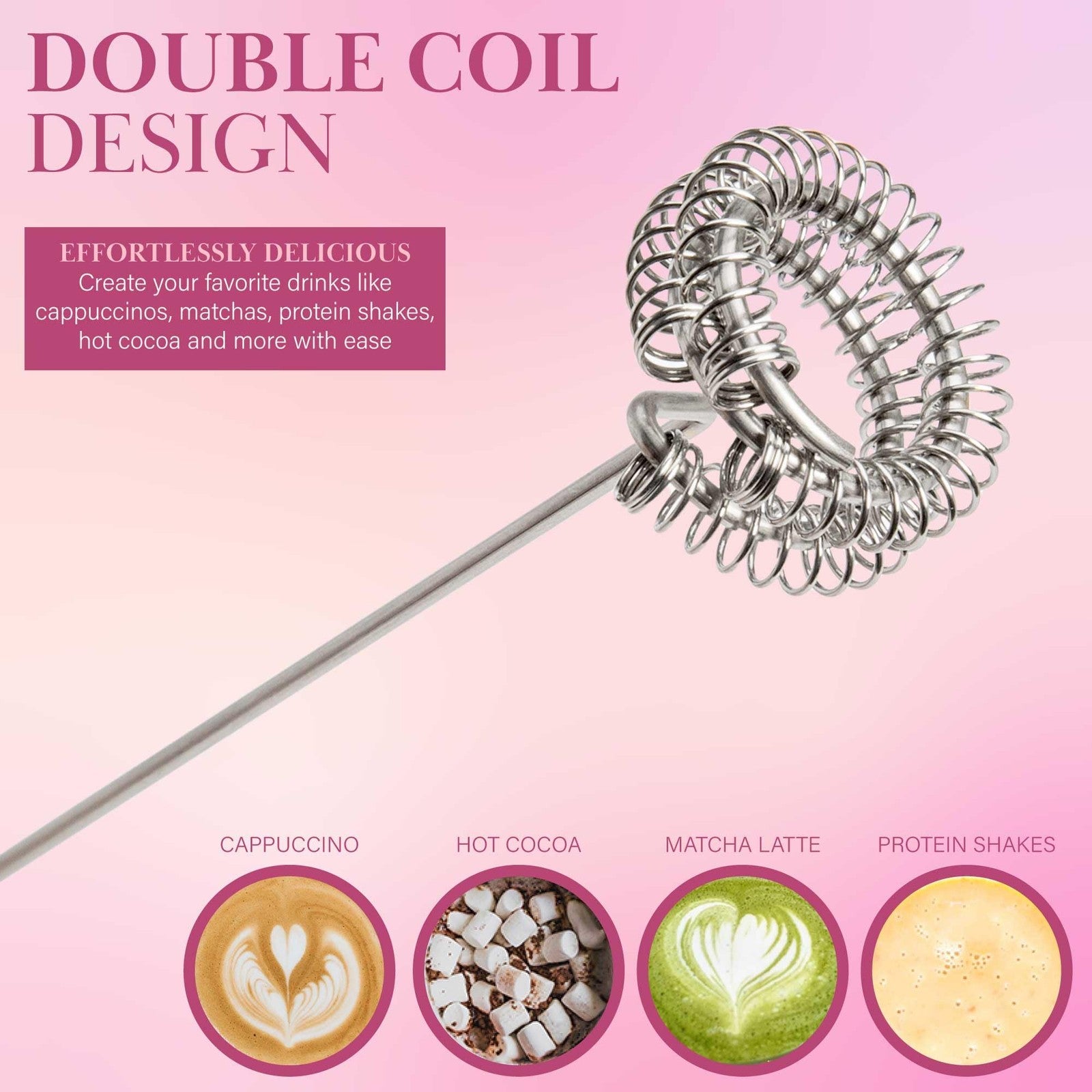 Milk Frother w/ Gold Stand, Electric Handheld, Pink, Double Coil Head