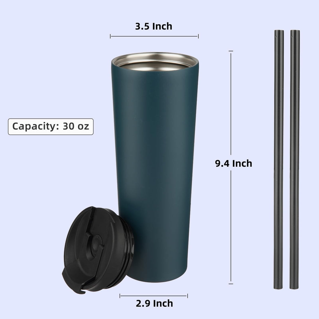 30 OZ Insulated Travel Mug w/ Lid & 2 Straws, Navy Blue Stainless Steel