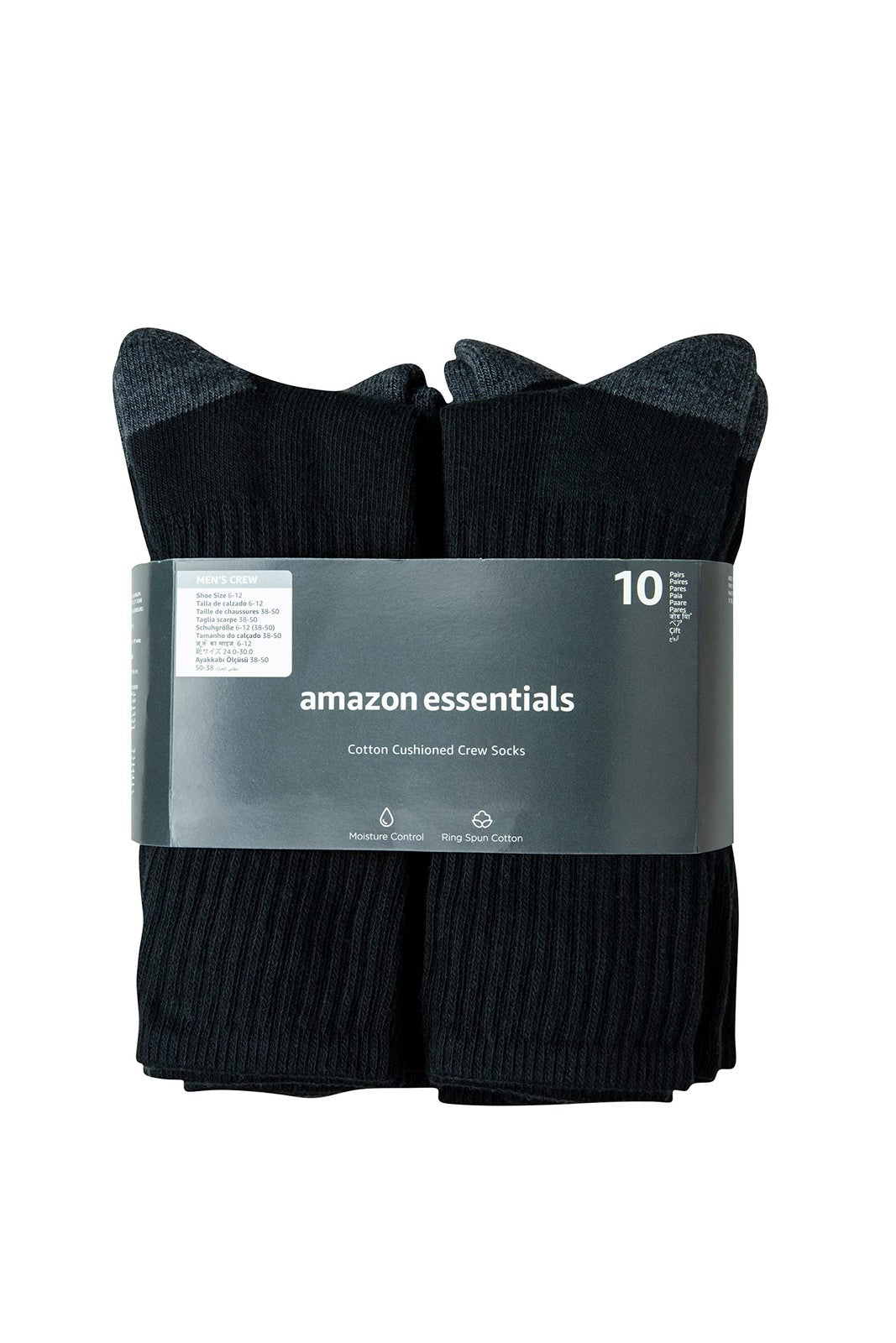 Cotton Crew Socks for Men 10 Pairs Black Size 8-12 Half Cushioned