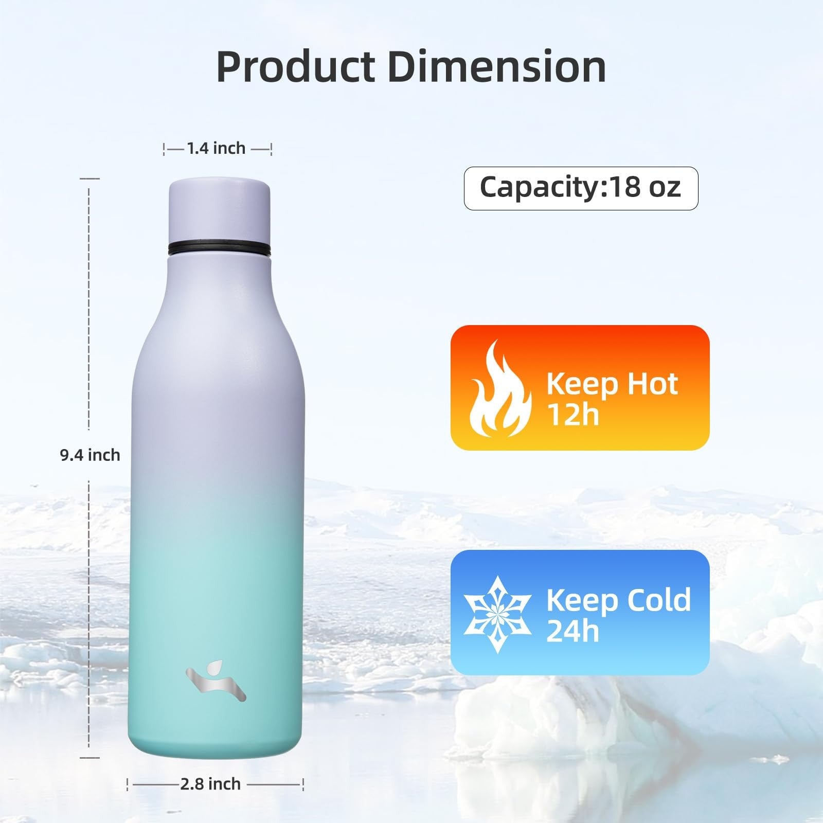 Konokyo 18oz Stainless Steel Flask, Insulated Water Bottle, Lavender Green