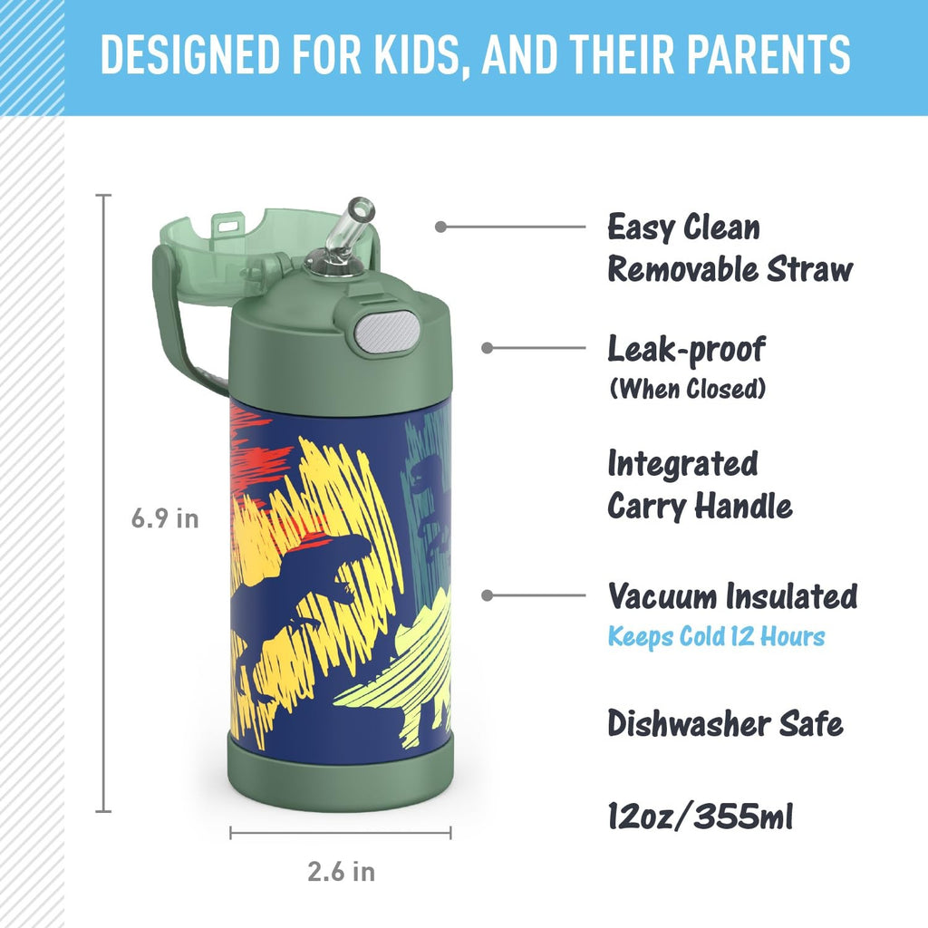 THERMOS FUNtainer 12oz Kids Water Bottle w/ Straw, Dinosaurs, Insulated